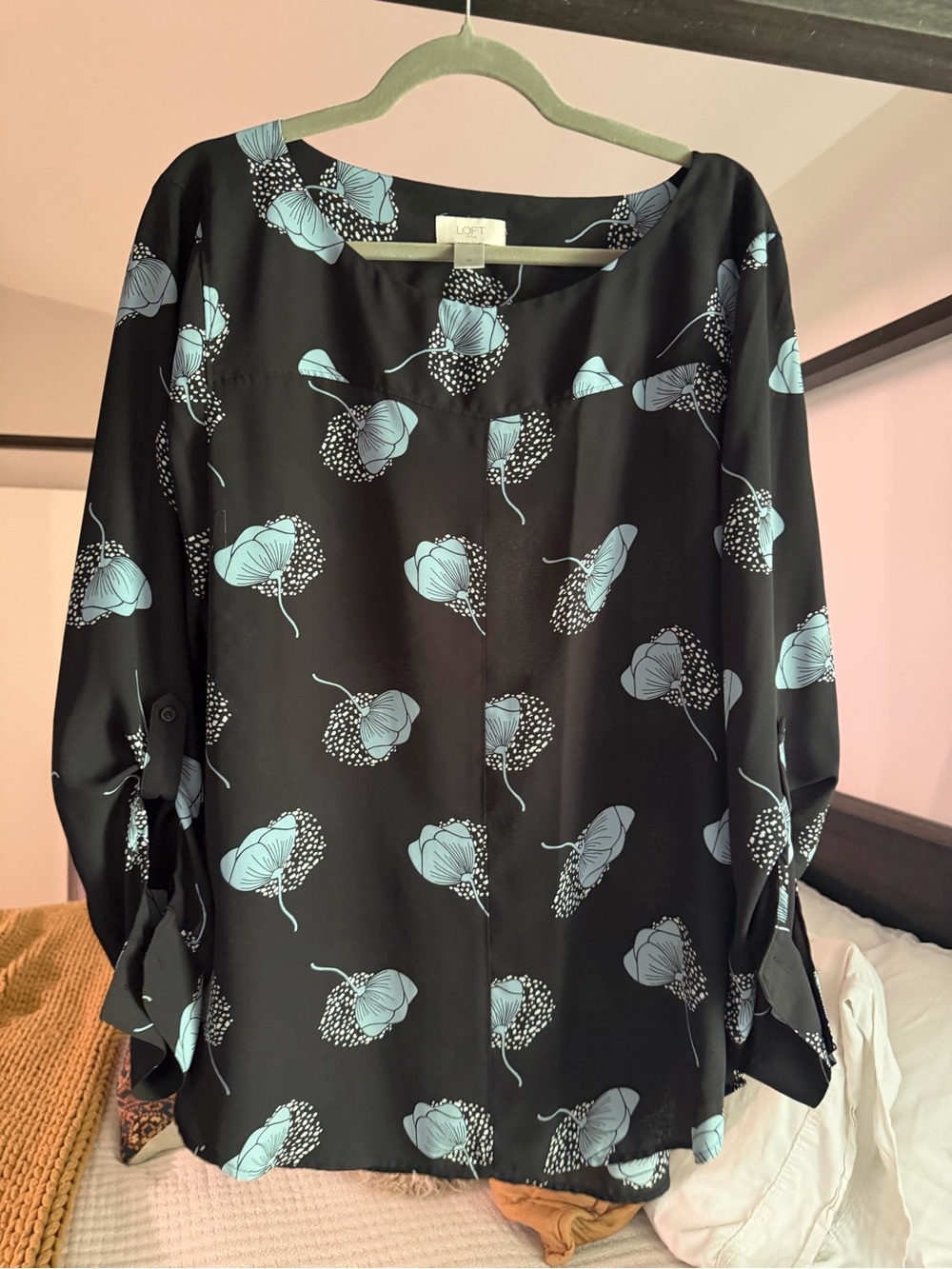 LOFT Black Blouse with Light Blue Floral Print